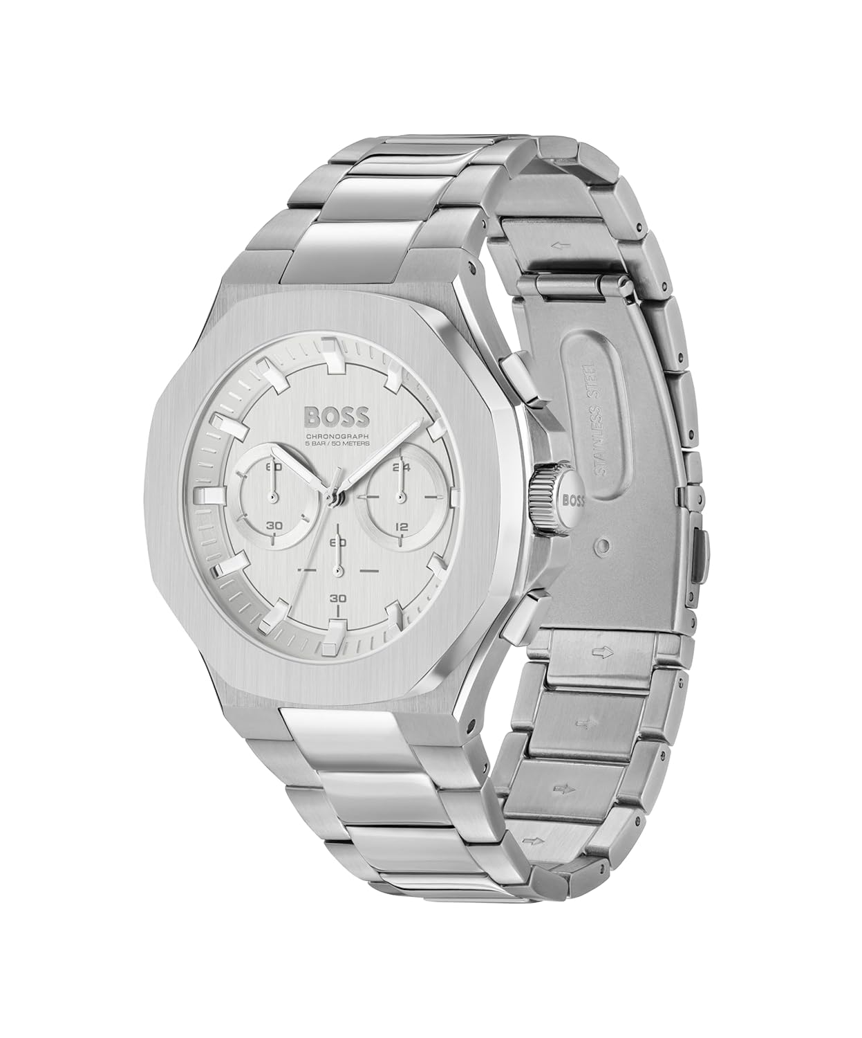 BOSS Taper Qtz Fashion Chrono Silver Tonneau Dial Men's Analog Watch|Stainless Steel Material|Silver Color Band