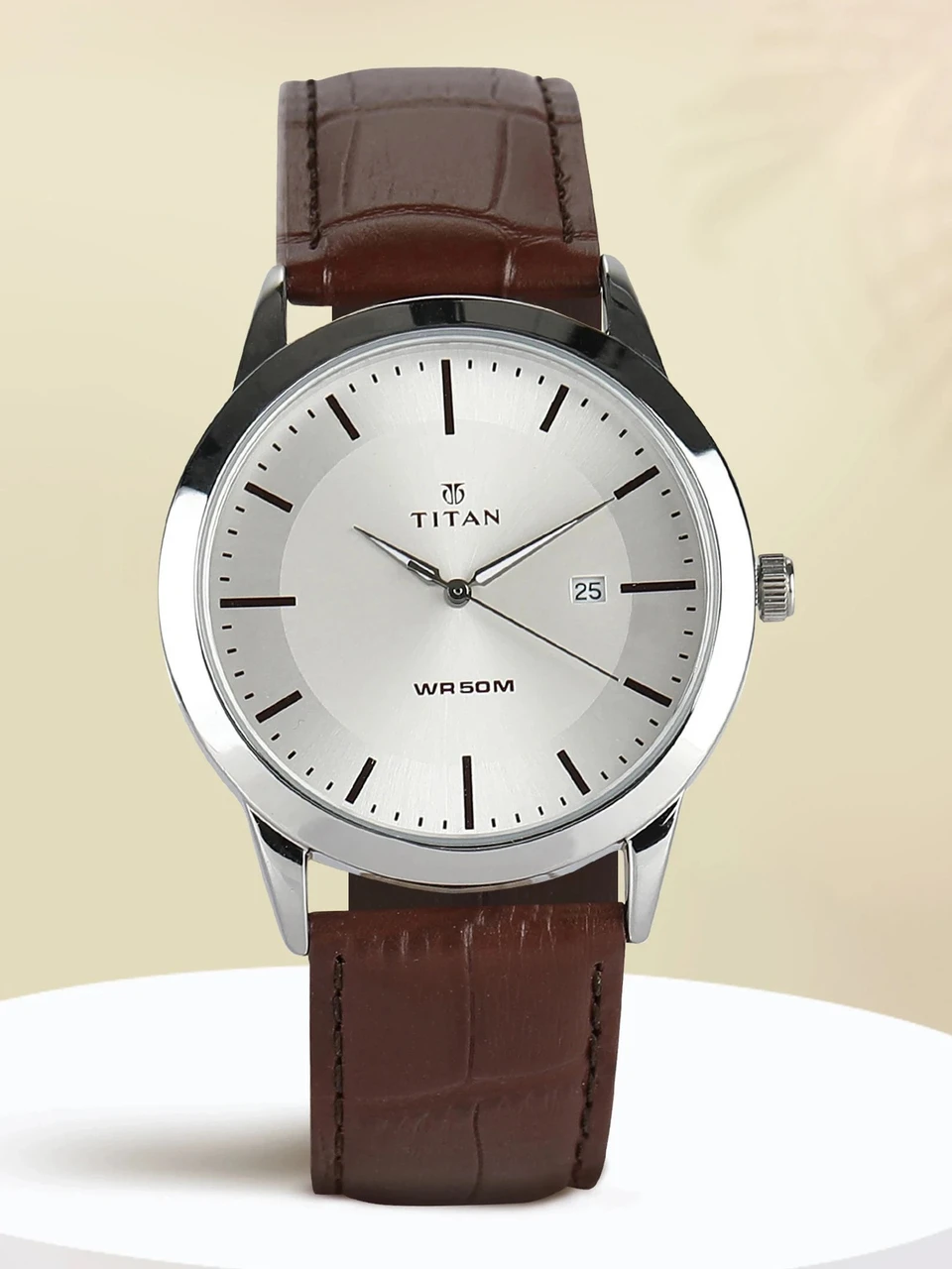 Titan ClaStainless Steelic with Date Silver Dial Brown LeatherStrap Analog Watch  - For Men