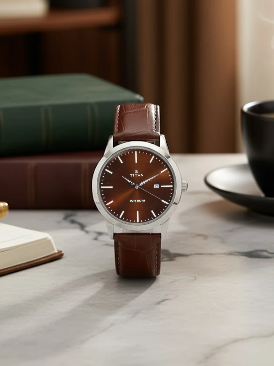 Titan Eco with Date Brown Dial Brown LeatherStrap Analog Watch  - For Men