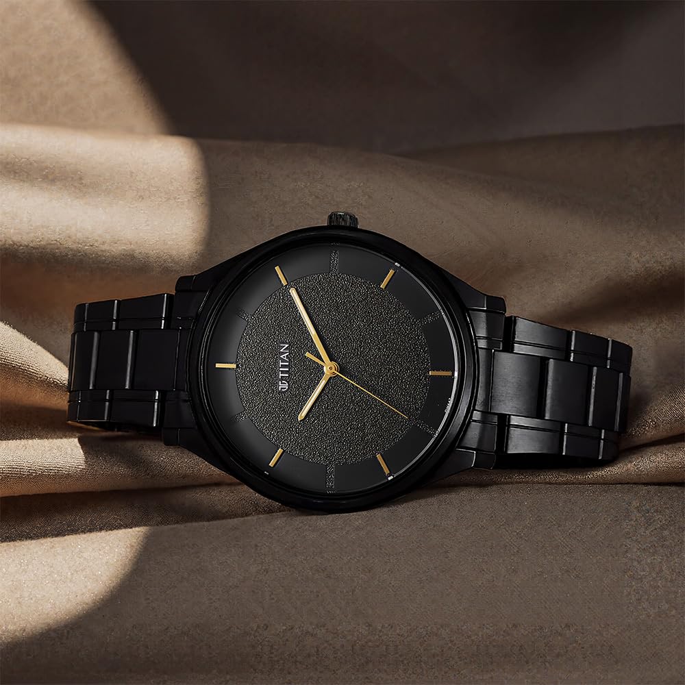 Titan Quartz Analog Black Dial Black Metal Strap Watch for Men