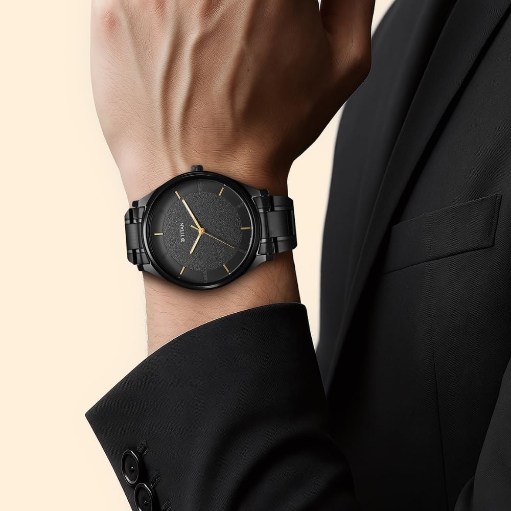 Titan Quartz Analog Black Dial Black Metal Strap Watch for Men