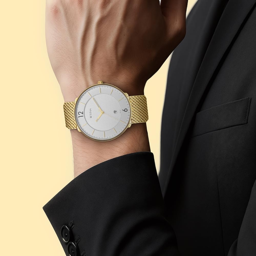 Titan Black & Gold Quartz Analog with Date White Dial Gold Stainless Steel Strap Watch for Men