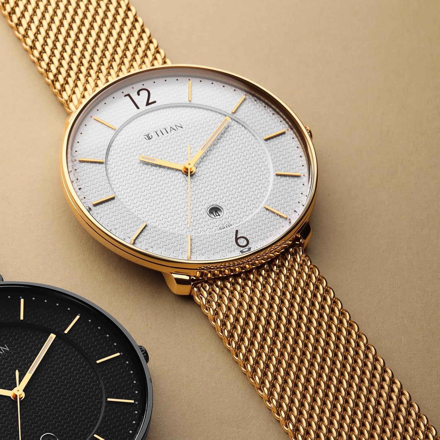 Titan Black & Gold Quartz Analog with Date White Dial Gold Stainless Steel Strap Watch for Men