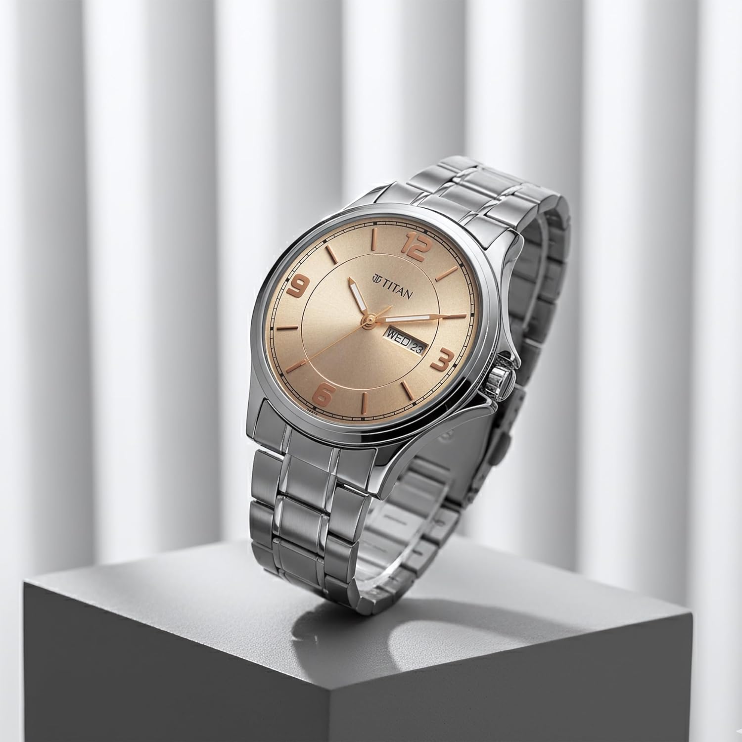 Titan Neo Arabic Quartz Beige Round Dial Men's Watch | Stainless Steel Strap Material | Watches for Men Analog