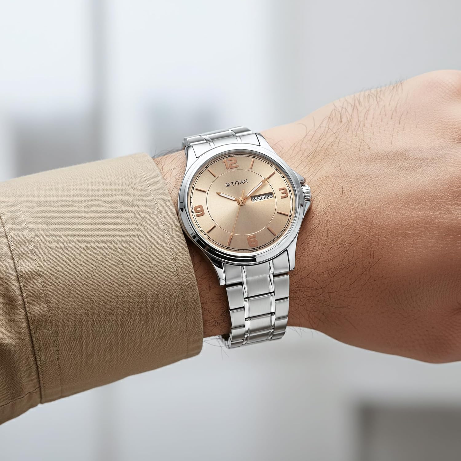 Titan Neo Arabic Quartz Beige Round Dial Men's Watch | Stainless Steel Strap Material | Watches for Men Analog