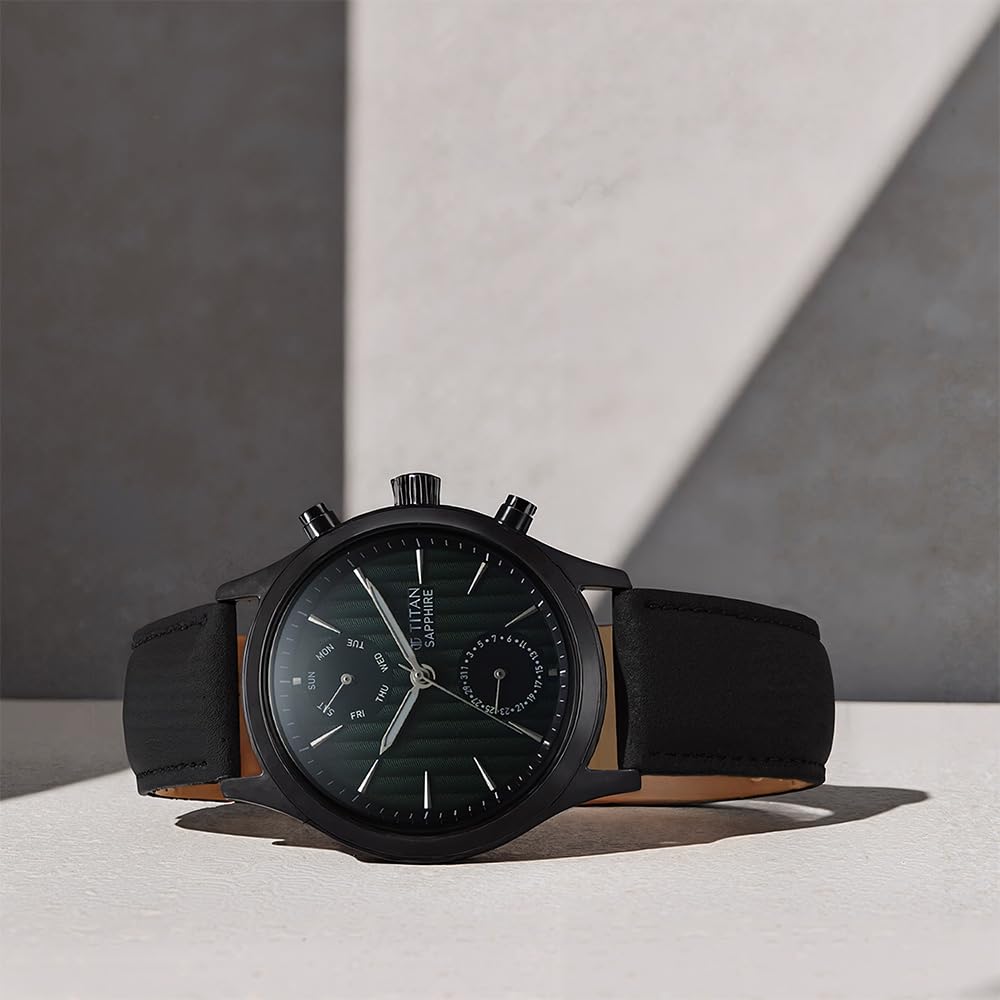 Titan Sapphire Quartz Multifunction Green Dial Black Leather Strap Watch for Men