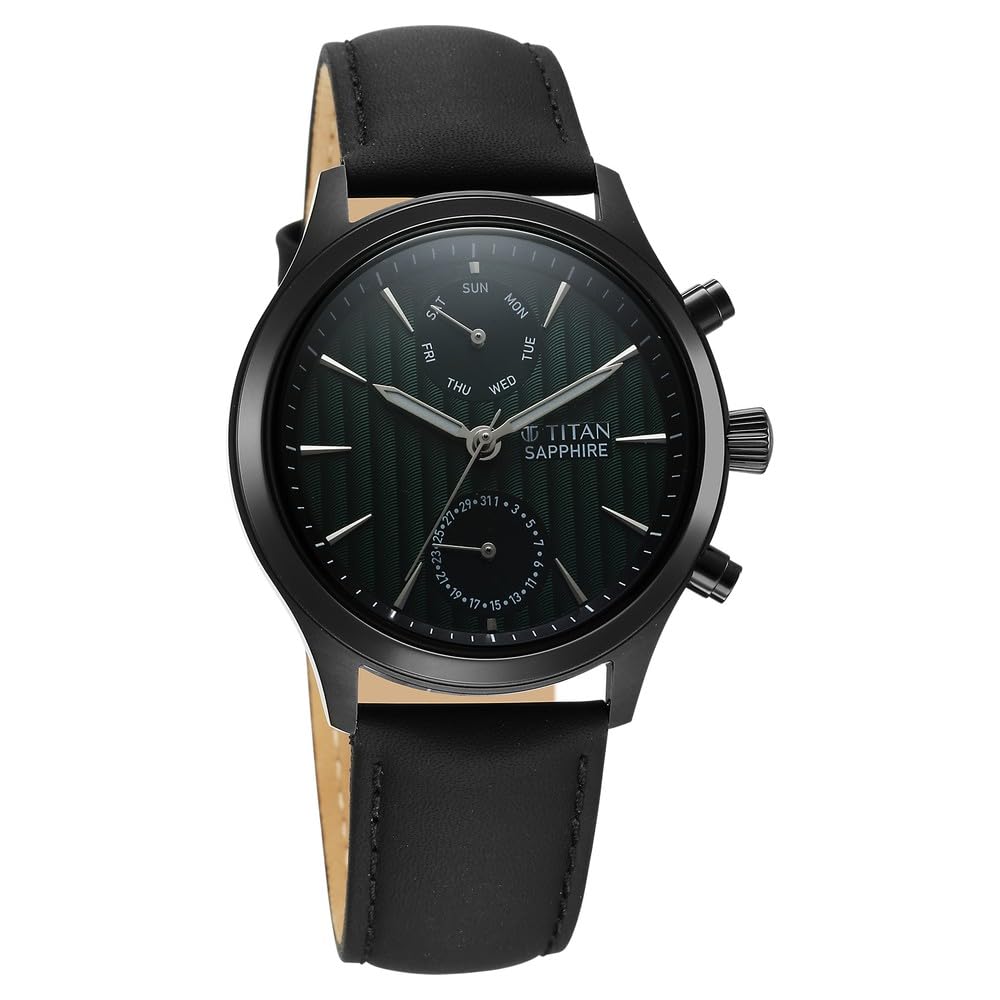 Titan Sapphire Quartz Multifunction Green Dial Black Leather Strap Watch for Men