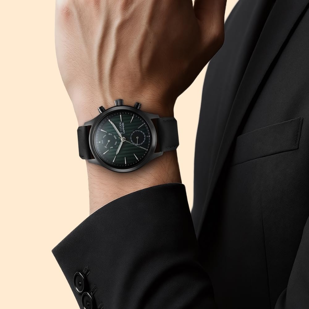 Titan Sapphire Quartz Multifunction Green Dial Black Leather Strap Watch for Men