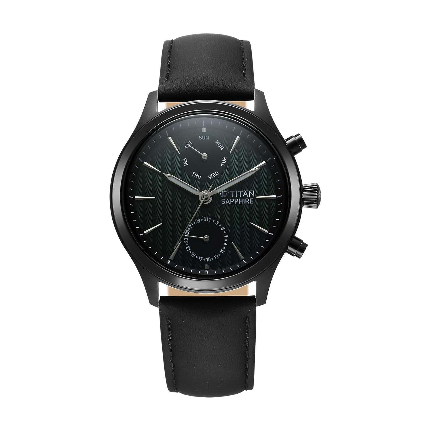 Titan Sapphire Quartz Multifunction Green Dial Black Leather Strap Watch for Men