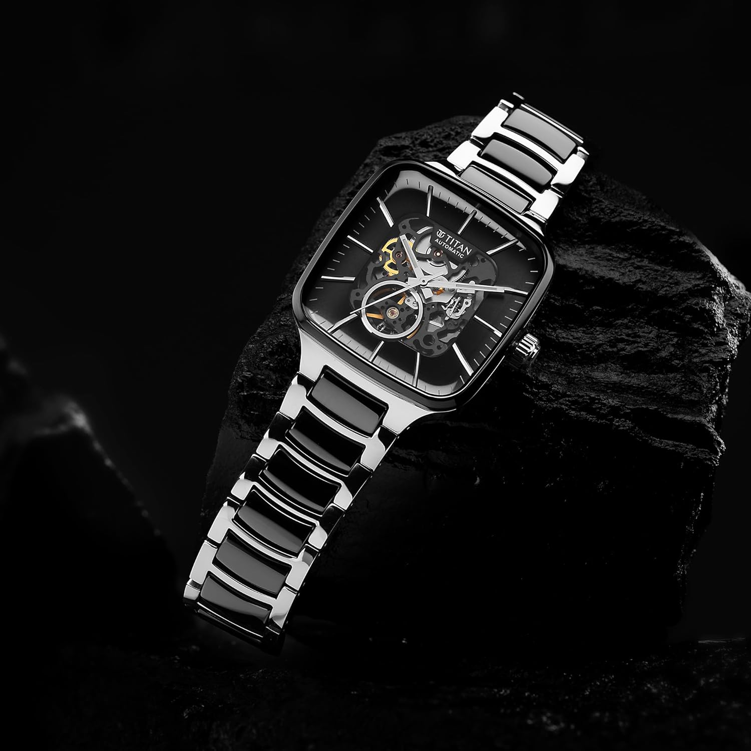 Titan Ceramic Fusion Automatic Square Black Dial Silver Dual-Toned Stainless Steel Bracelet Watch for Men