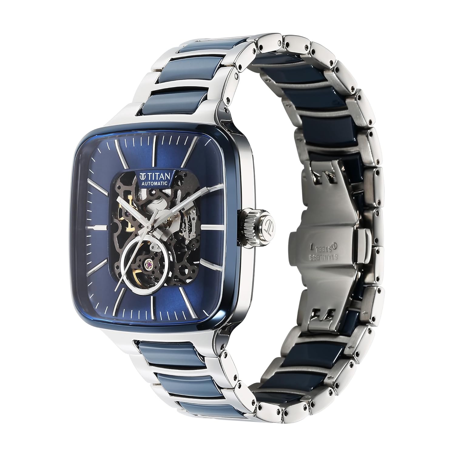 Titan Ceramic Fusion Automatic Square Blue Dial Rose Gold Dual-Toned Stainless Steel Bracelet Watch for Men