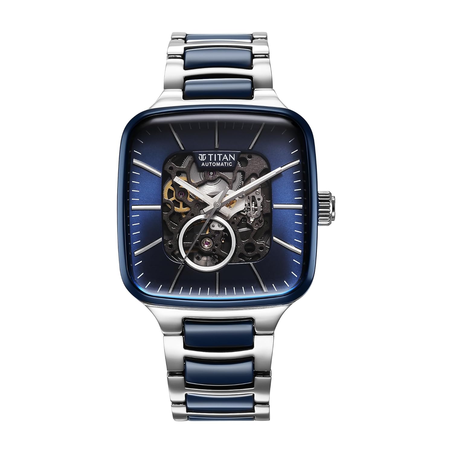 Titan Ceramic Fusion Automatic Square Blue Dial Rose Gold Dual-Toned Stainless Steel Bracelet Watch for Men