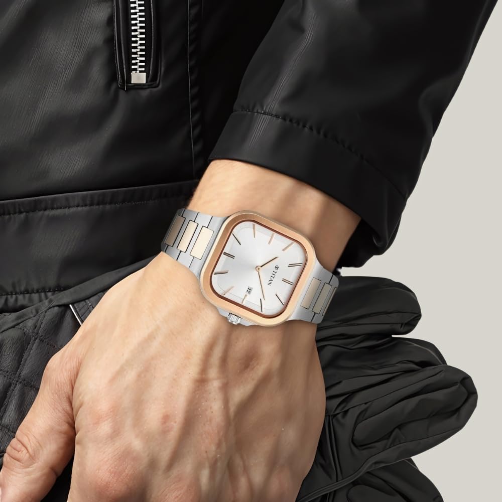 Titan Classique Slim Square Quartz Analog with Date Silver Dial Stainless Steel Strap Watch for Men
