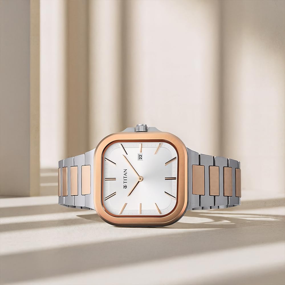Titan Classique Slim Square Quartz Analog with Date Silver Dial Stainless Steel Strap Watch for Men