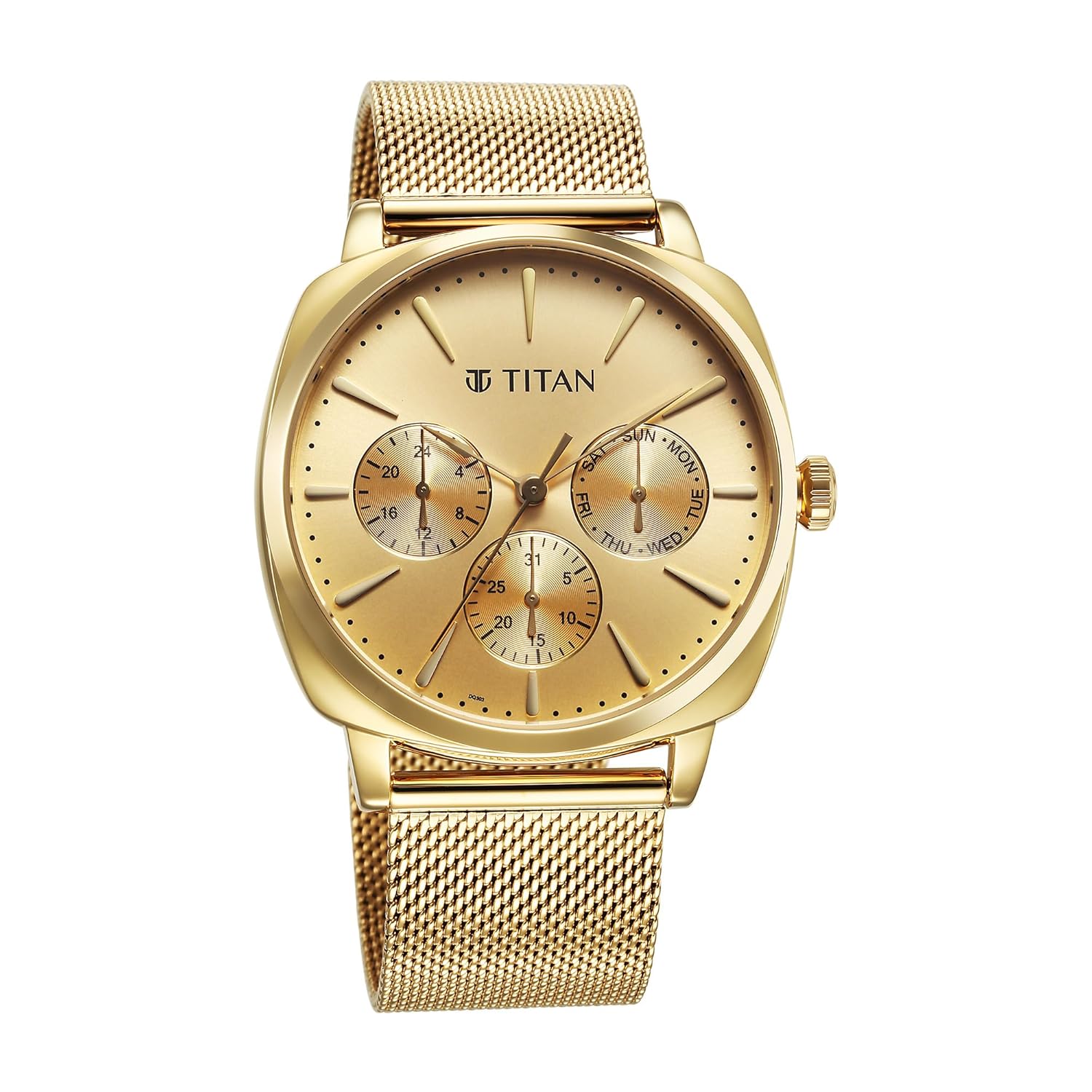 Titan Classique Suave Quartz Yellow Dial Golden Stainless Steel Mesh Strap Watch for Men