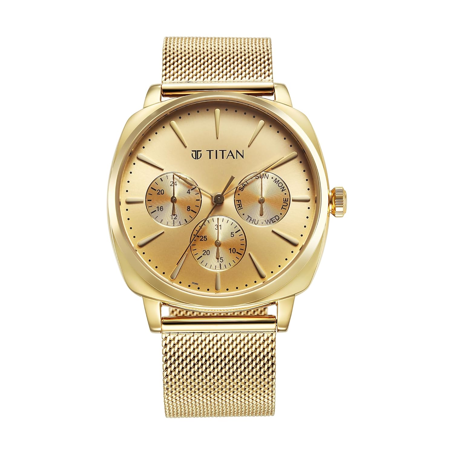 Titan Classique Suave Quartz Yellow Dial Golden Stainless Steel Mesh Strap Watch for Men