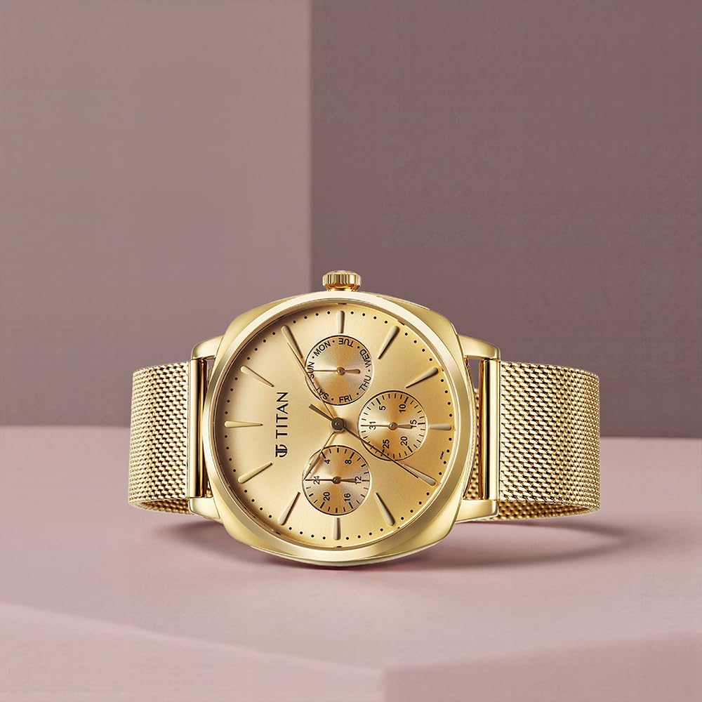 Titan Classique Suave Quartz Yellow Dial Golden Stainless Steel Mesh Strap Watch for Men