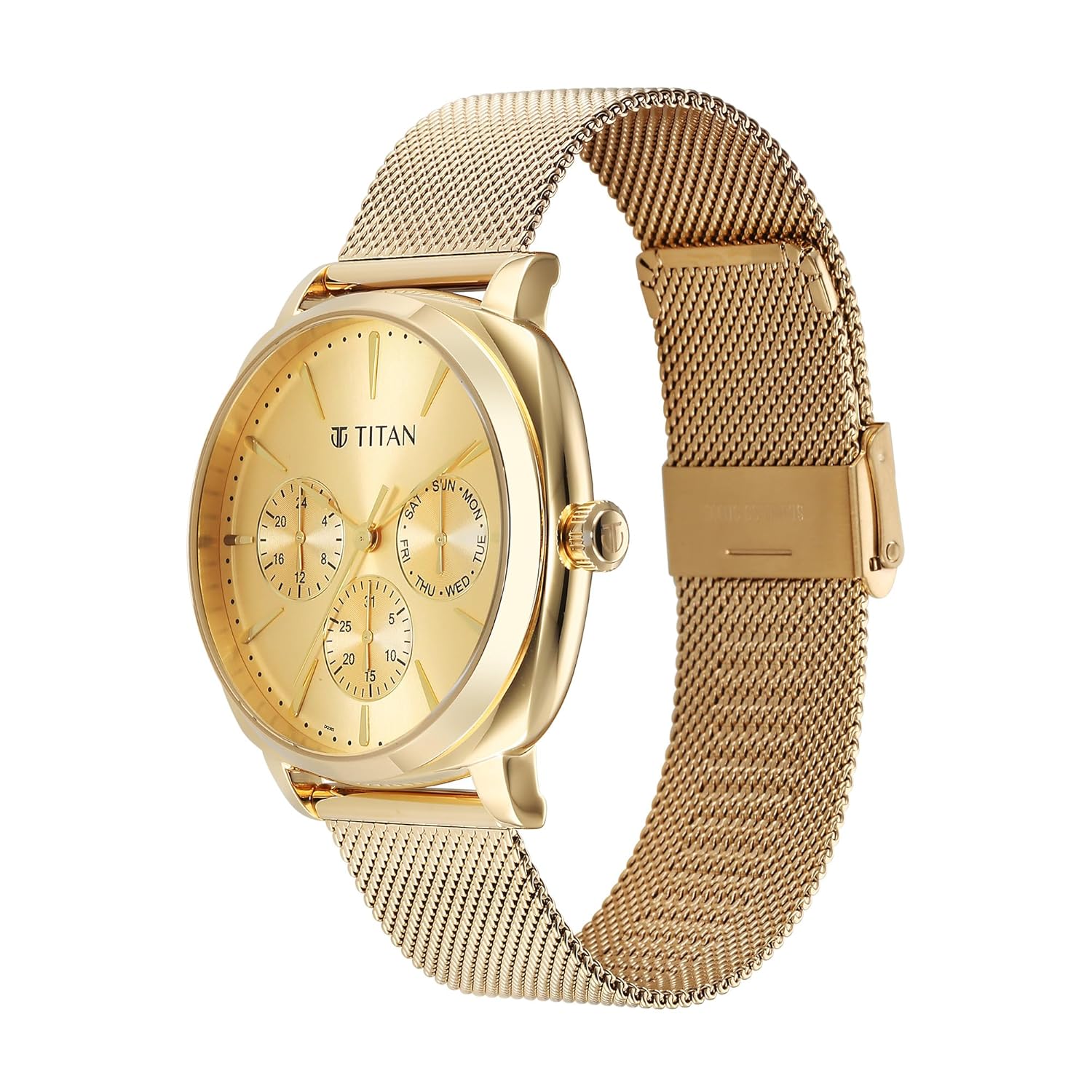 Titan Classique Suave Quartz Yellow Dial Golden Stainless Steel Mesh Strap Watch for Men