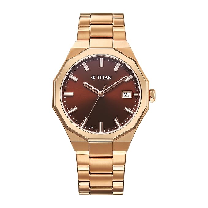 Titan Regalia Dodecagon Quartz Analog with Date Brown Dial Rose Gold Stainless Steel Strap Watch For Men
