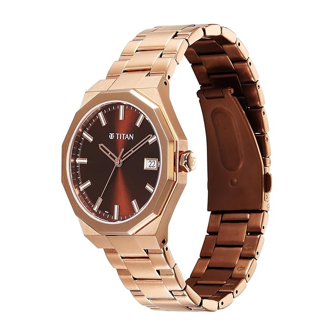 Titan Regalia Dodecagon Quartz Analog with Date Brown Dial Rose Gold Stainless Steel Strap Watch For Men