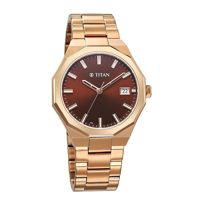 Titan Regalia Dodecagon Quartz Analog with Date Brown Dial Rose Gold Stainless Steel Strap Watch For Men