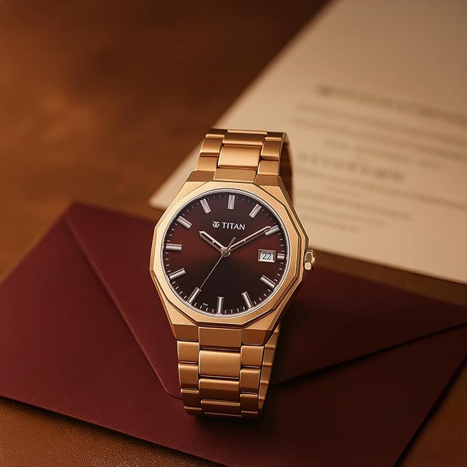 Titan Regalia Dodecagon Quartz Analog with Date Brown Dial Rose Gold Stainless Steel Strap Watch For Men