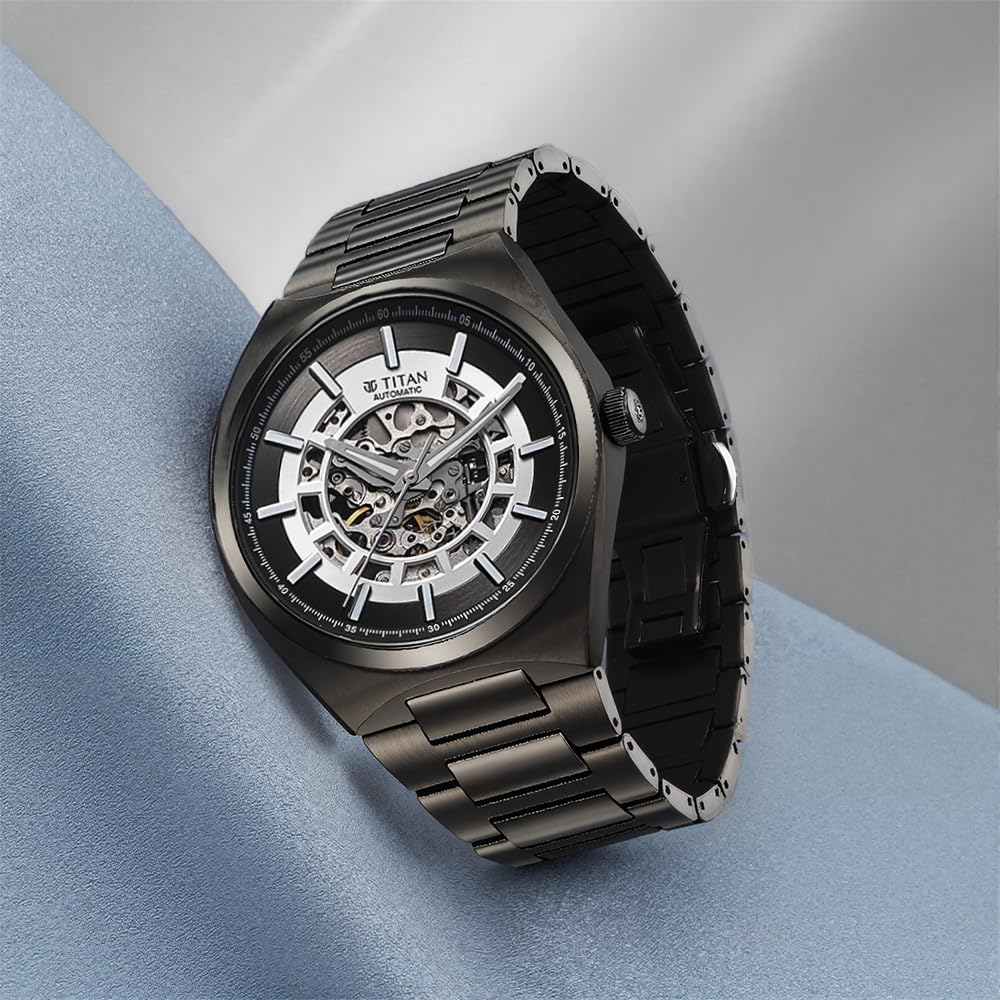 Titan Nexus Skeletal Automatic Analog with Gun Dial Gun Stainless Steel Strap Watch for Men
