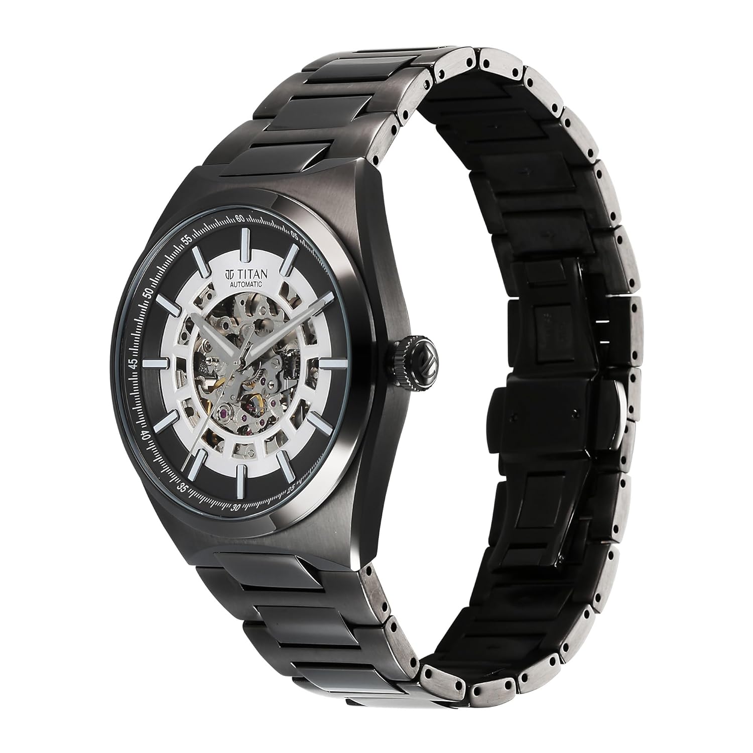 Titan Nexus Skeletal Automatic Analog with Gun Dial Gun Stainless Steel Strap Watch for Men