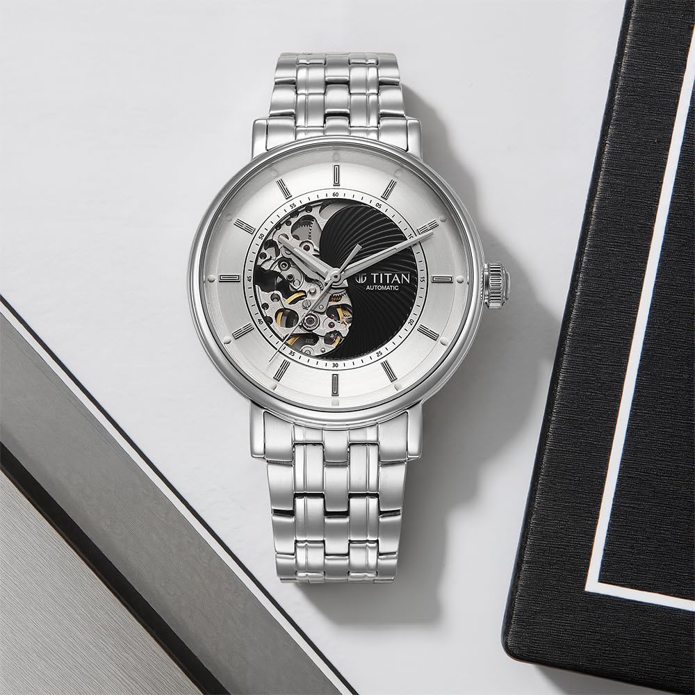 Titan Yin Yang Skeletal Automatic Analog with Black Dial Silver Stainless Steel Strap Watch for Men