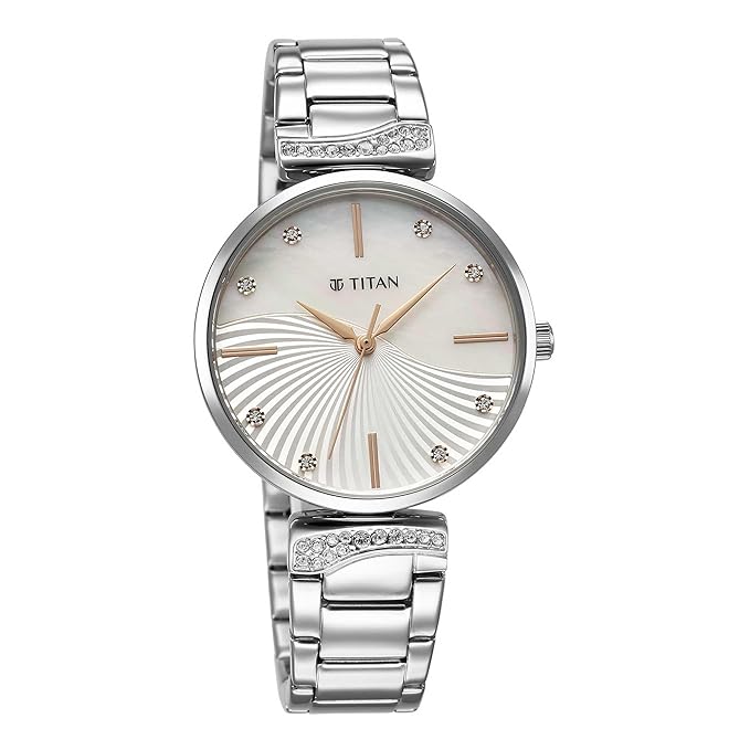 Titan Purple Style Up Quartz Analog Mother Of Pearl Dial Stainless Steel Strap Watch for Women