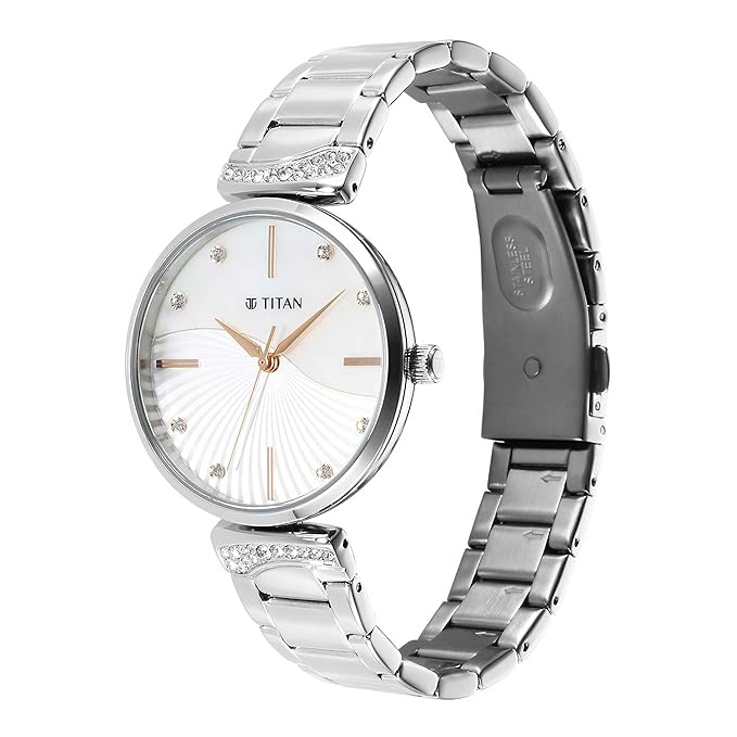 Titan Purple Style Up Quartz Analog Mother Of Pearl Dial Stainless Steel Strap Watch for Women