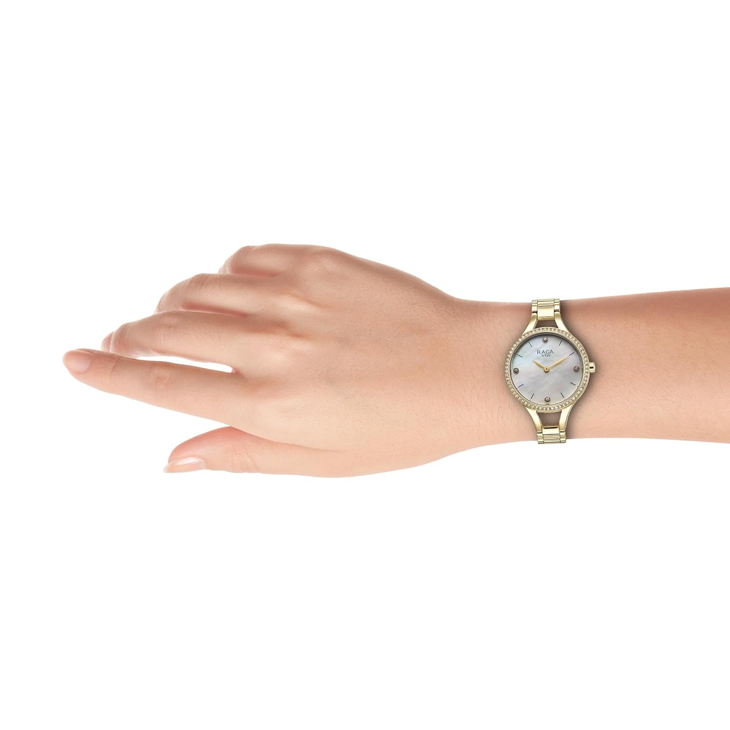 Titan Raga Showstopper Quartz Analog Mother Of Pearl Round Dial Golden Metal Strap Watch For Women
