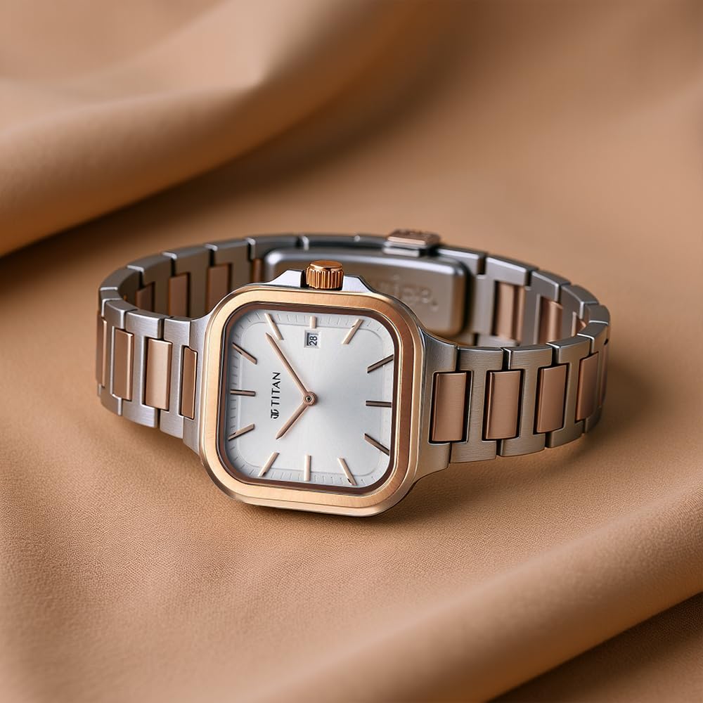Titan Slim Square Quartz Analog with Date Silver Dial With Two Toned Color Stainless Steel Strap Watch For Women