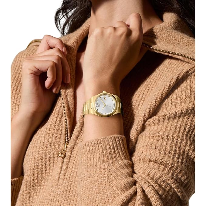 Movado Bold Swiss Qtz White Round Dial Women's Watch | Ionic Plated Light Gold Steel Material |Gold Color Band