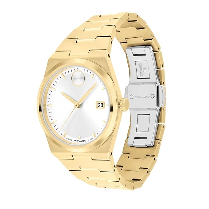 Movado Bold Swiss Qtz White Round Dial Women's Watch | Ionic Plated Light Gold Steel Material |Gold Color Band