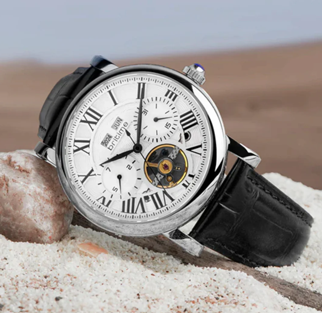 Men's Motion Automatic Silver Dial Multi-Function Leather Watch ,Stylish Timepiece with Leather Strap and Elegant Design.
