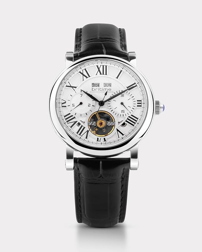 Men's Motion Automatic Silver Dial Multi-Function Leather Watch ,Stylish Timepiece with Leather Strap and Elegant Design.
