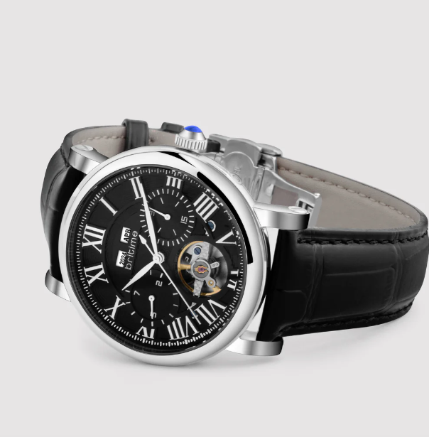 Motion Men Automatic Black Dial Multi-Function Leather Watch