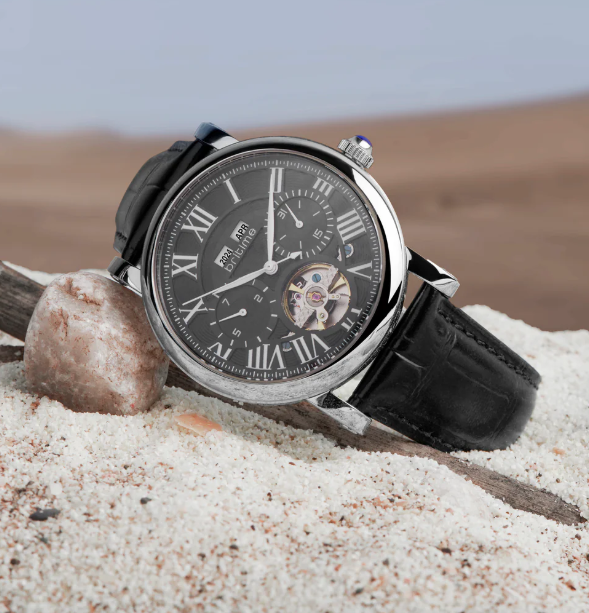 Motion Men Automatic Black Dial Multi-Function Leather Watch