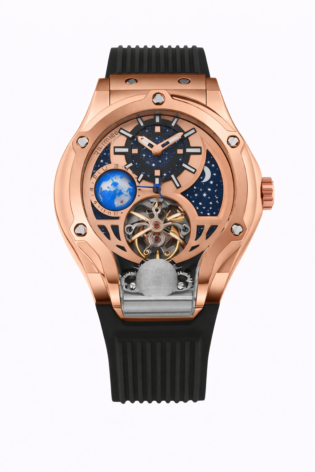 Galaxy Men’s Automatic Watch – Rose Gold Dial, Black Silicon Strap, Multi-Function  | Stylish Timepiece for Any Occasion