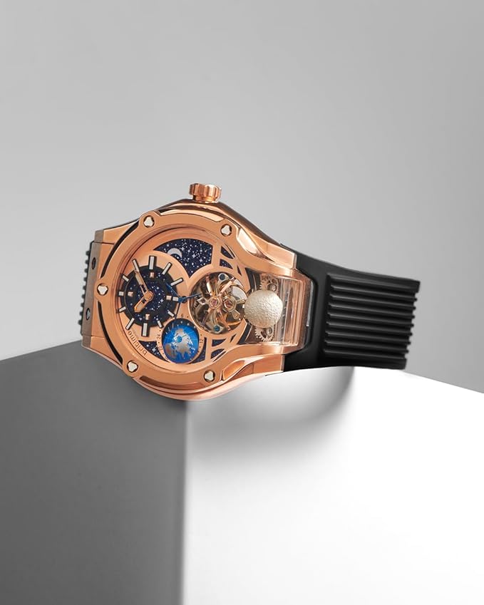 Galaxy Men’s Automatic Watch – Rose Gold Dial, Black Silicon Strap, Multi-Function  | Stylish Timepiece for Any Occasion