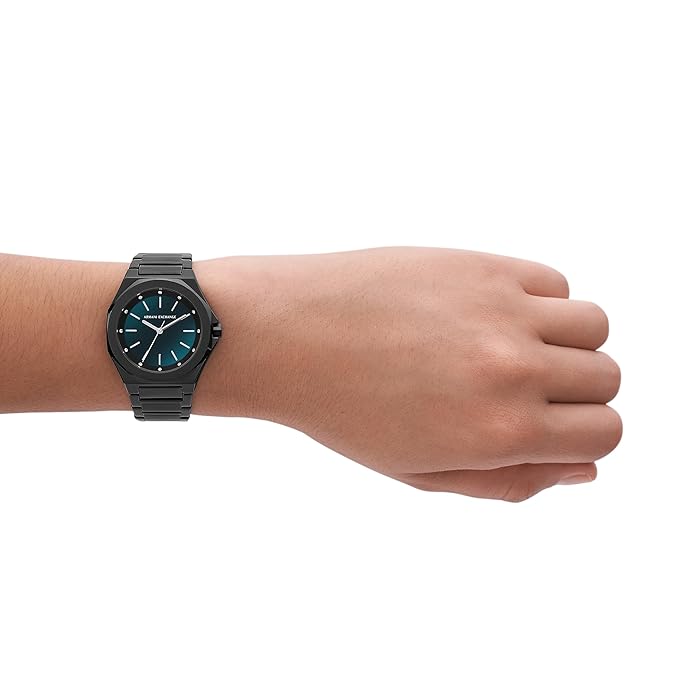 Armani Exchange Stainless Steel Analog Blue Dial Women Watch, Black Band