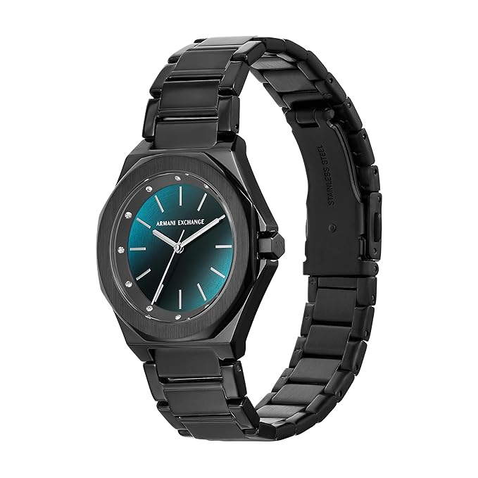 Armani Exchange Stainless Steel Analog Blue Dial Women Watch, Black Band