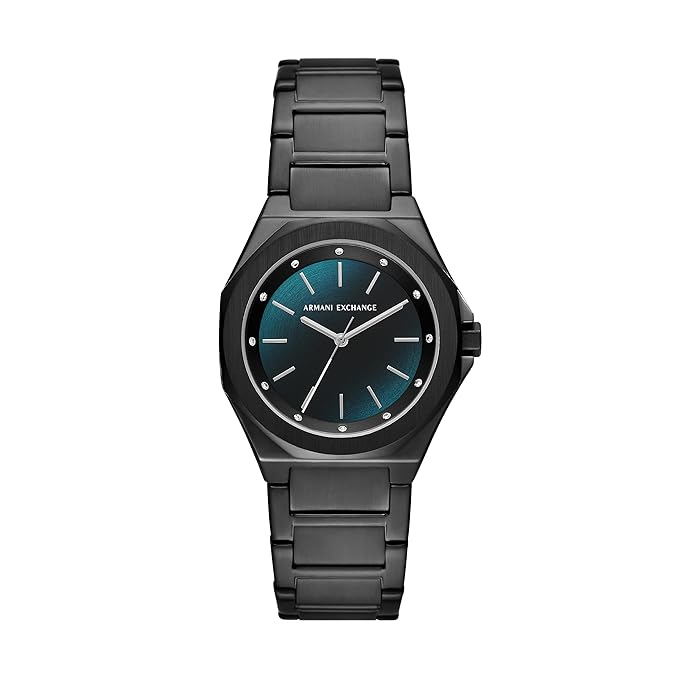 Armani Exchange Stainless Steel Analog Blue Dial Women Watch, Black Band
