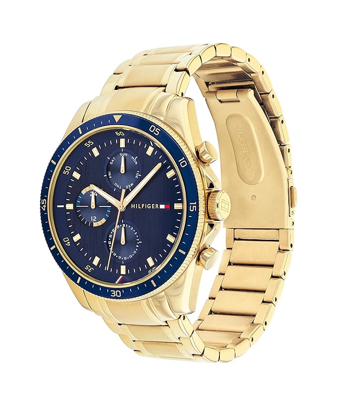 Tommy Hilfiger Stainless Steel Navy Dial Gold Strap Round Shaped Sport Men's Analog Watch