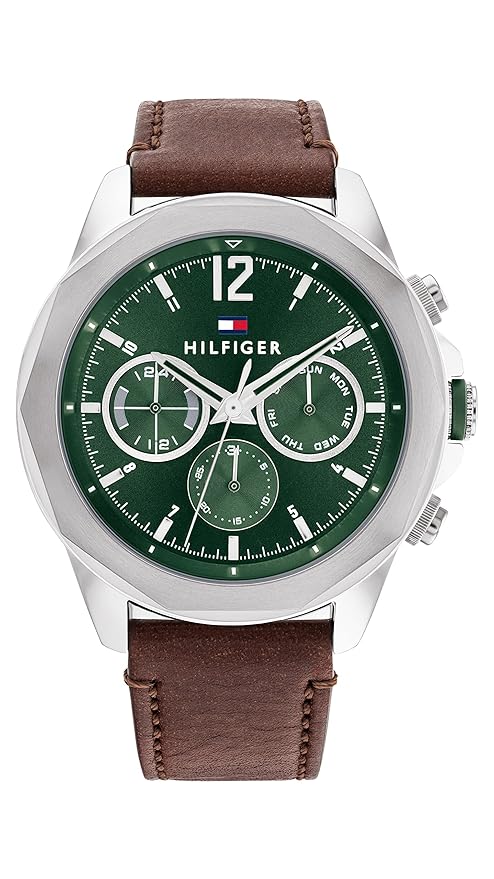 Tommy Hilfiger LARS Quartz Multifunction Green Dial Brown Leather Strap Watch for Men