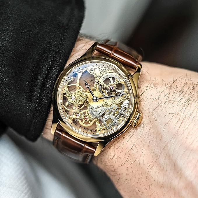 EARNSHAW Bauer Machanical Skeleton Analog Gold Dial Men's Watch