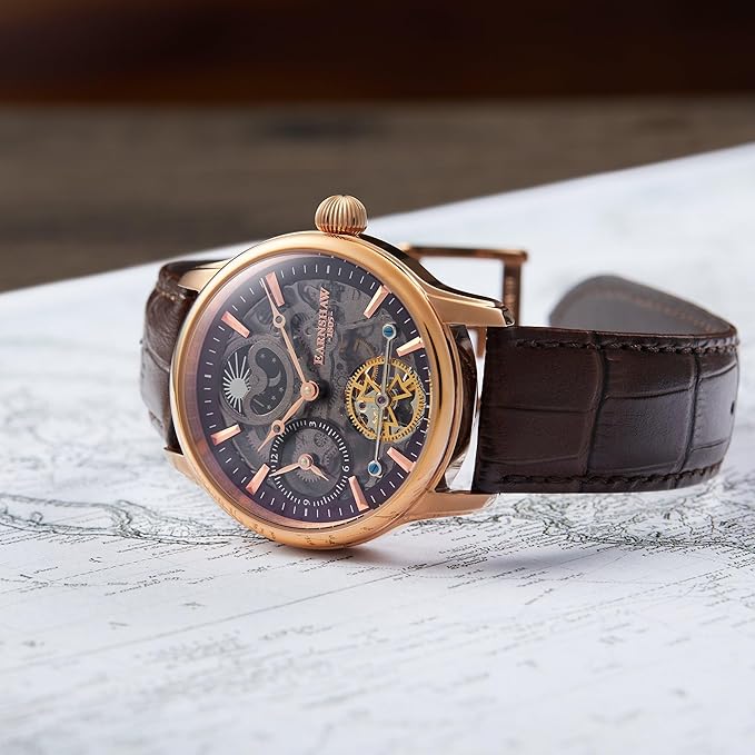 Thomas Earnshaw Mens 44mm Longitude Dual Time Automatic Skeleton Watch with Genuine Leather Strap