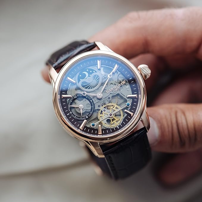 Thomas Earnshaw Mens 44mm Longitude Dual Time Automatic Skeleton Watch with Genuine Leather Strap