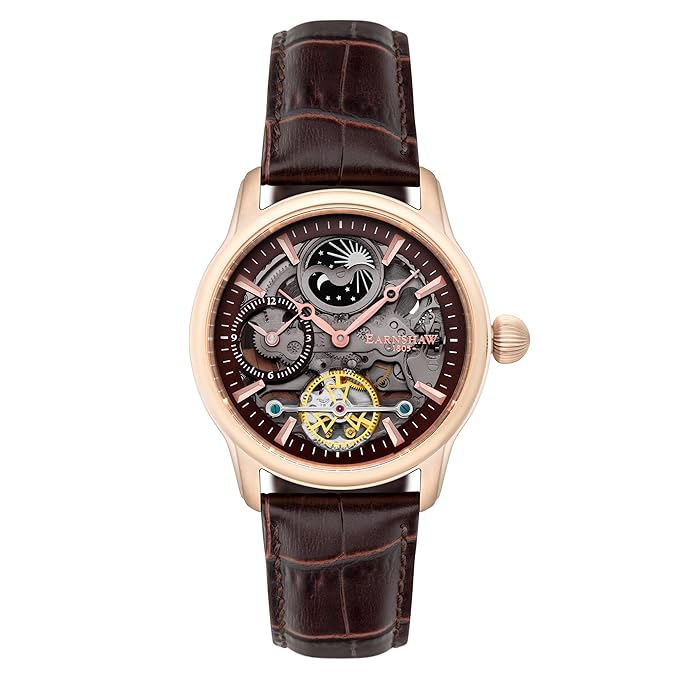 Thomas Earnshaw Mens 44mm Longitude Dual Time Automatic Skeleton Watch with Genuine Leather Strap